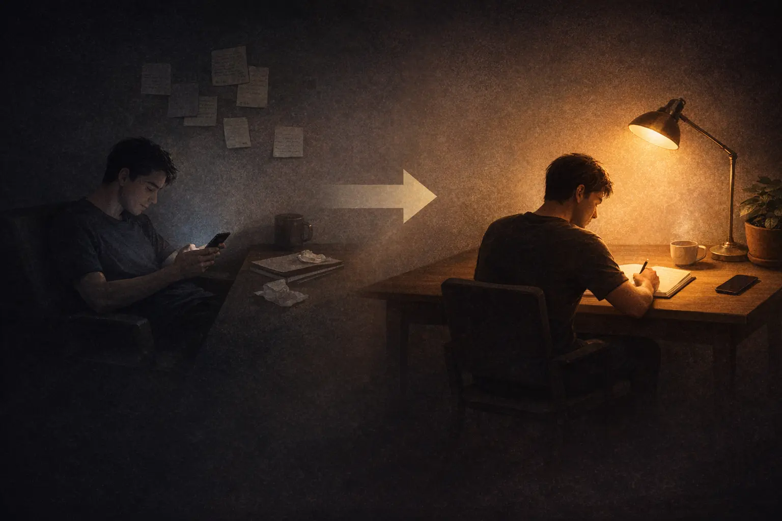 From distraction to deep work, person scrolling transforms into person focused at desk